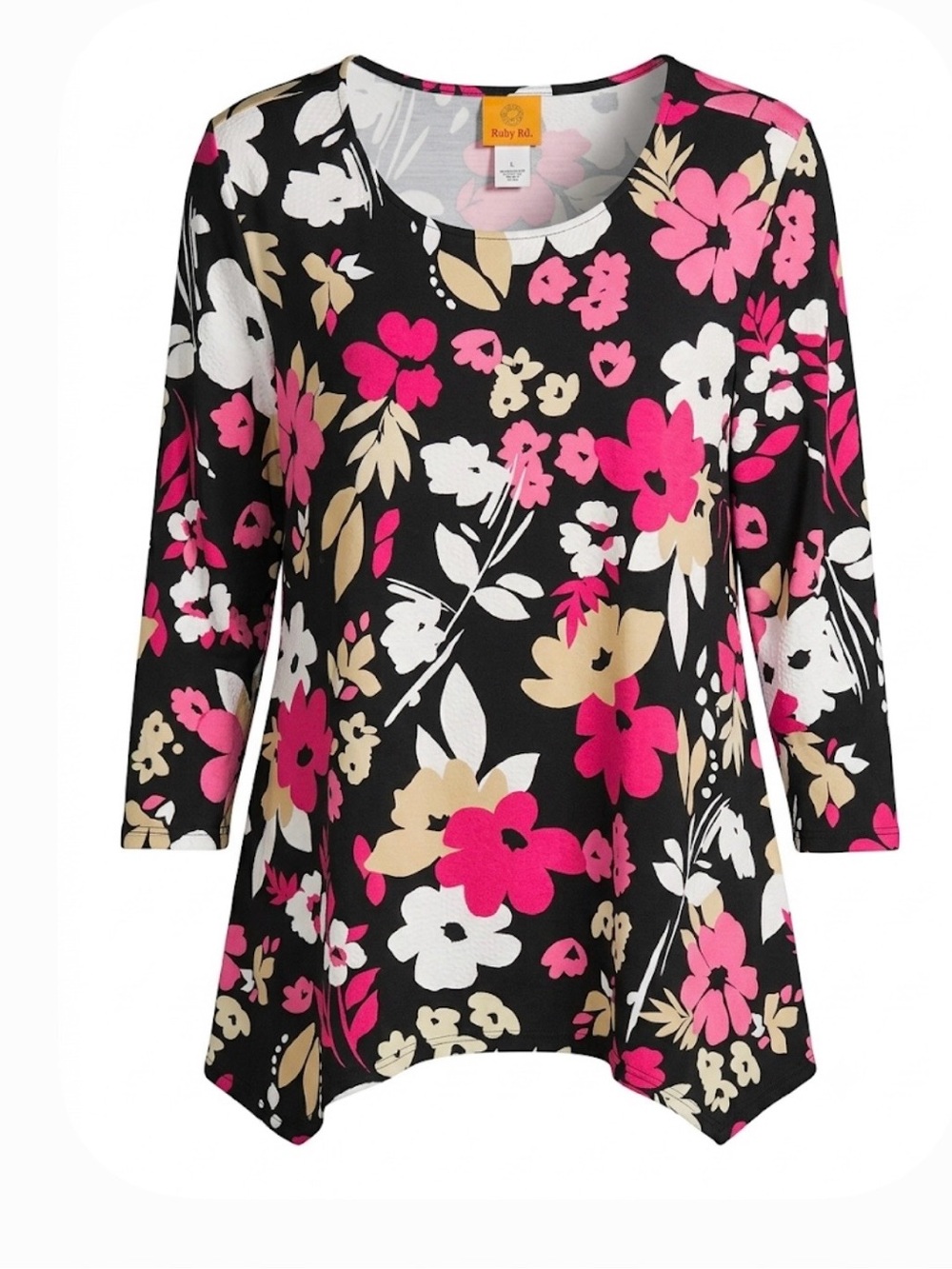 Ruby Rd. Black Floral Scoop Neck Tunic with Pink & Cream Blossoms size large